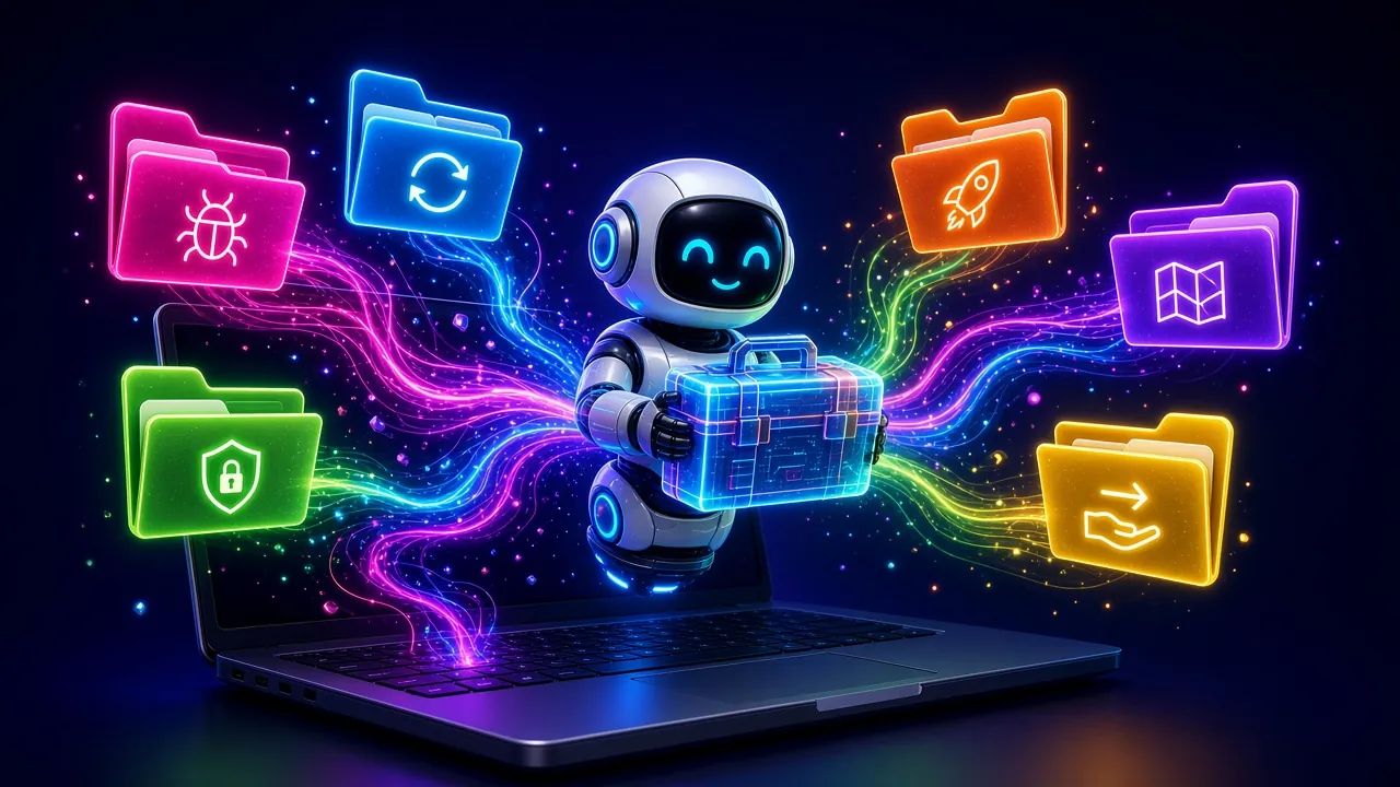 Illustration of a robot holding a toolbox, surrounded by six glowing skill folders above a laptop